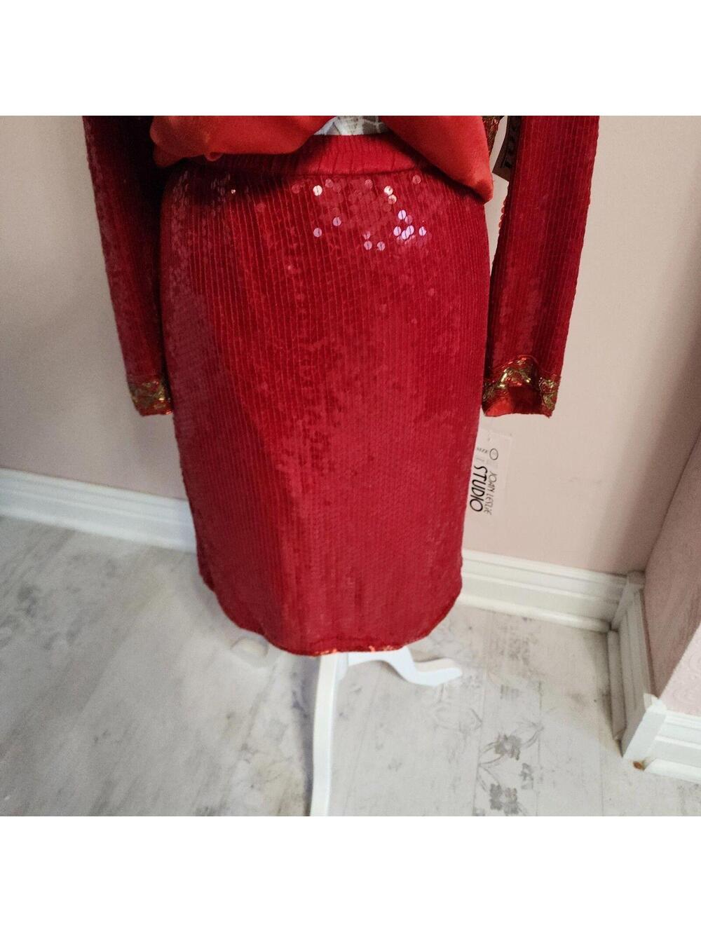 NWT Joan Leslie Vintage Red Silk Sequin 2 Piece Skirt Set XL Holiday Glam - Picture 3 of 9